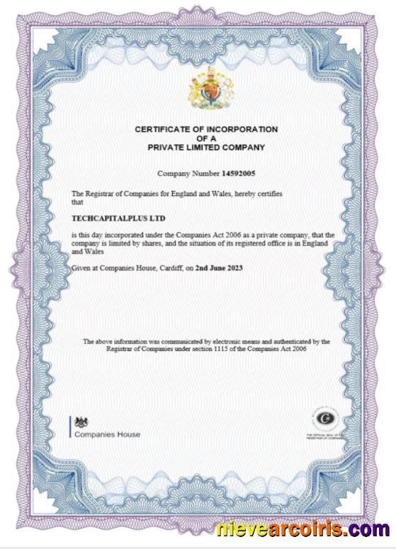 England and Wales certificate of incorporation registration, version 2